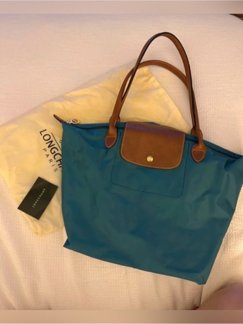 Longchamp Teal Nylon Tote with Brown Leather Trim